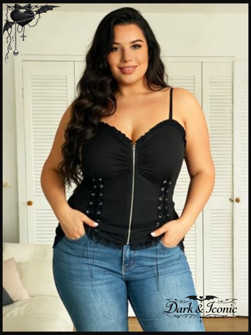 Plus Size Corset Lace Up Cami Top Gothic Ribbed Stretch Sleeveless - Picture 4 of 7
